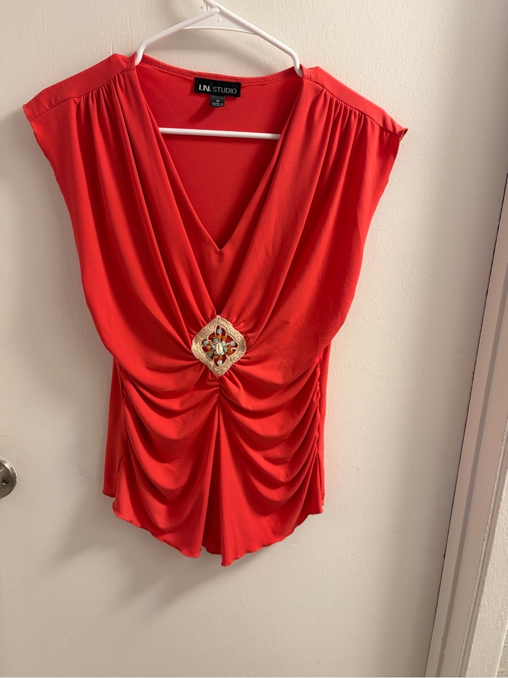 I.N. Studio Coral Rouched V Neck Embellished Medallion Blouse M